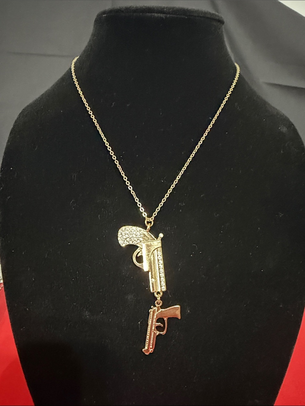 Gold-Tone Pistol Pendant Necklace with Crystal Accents - Women Jewelry